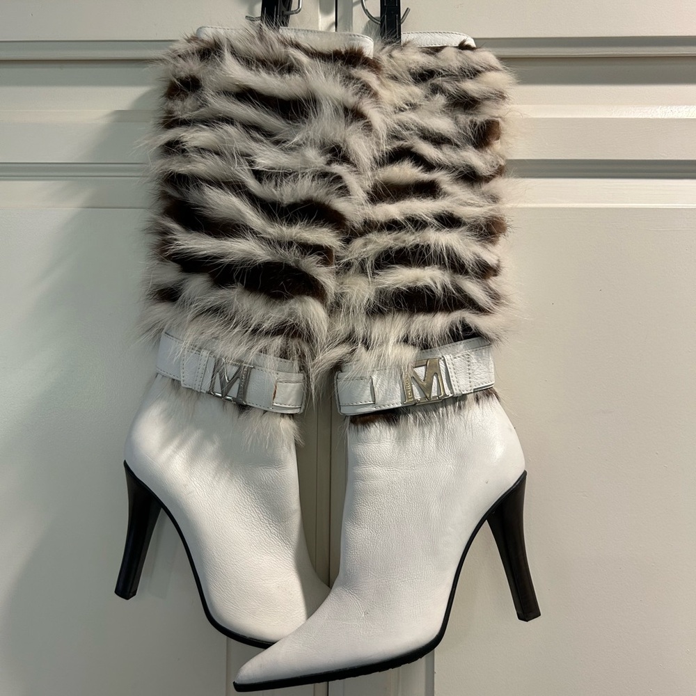 Bruno Magli Women's White Leather Fur Knee Boots Shoes Size 8.5 Italy